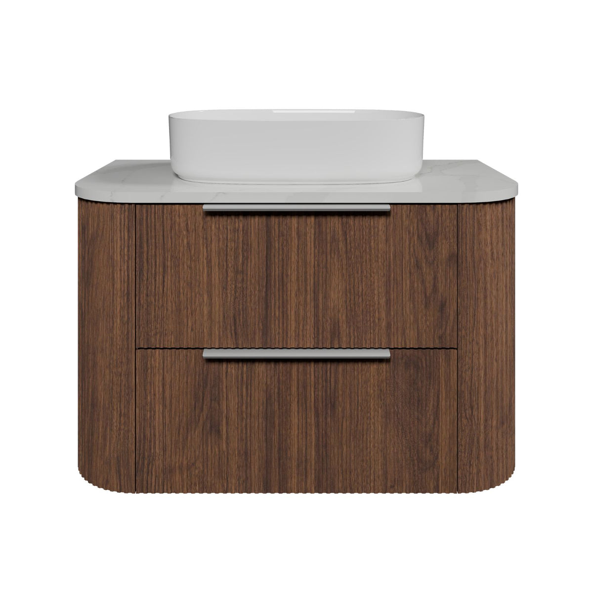 Timberline Socoa Dockland wall hung vanity, woodgrain finish with white above-counter basin and slab top, front view