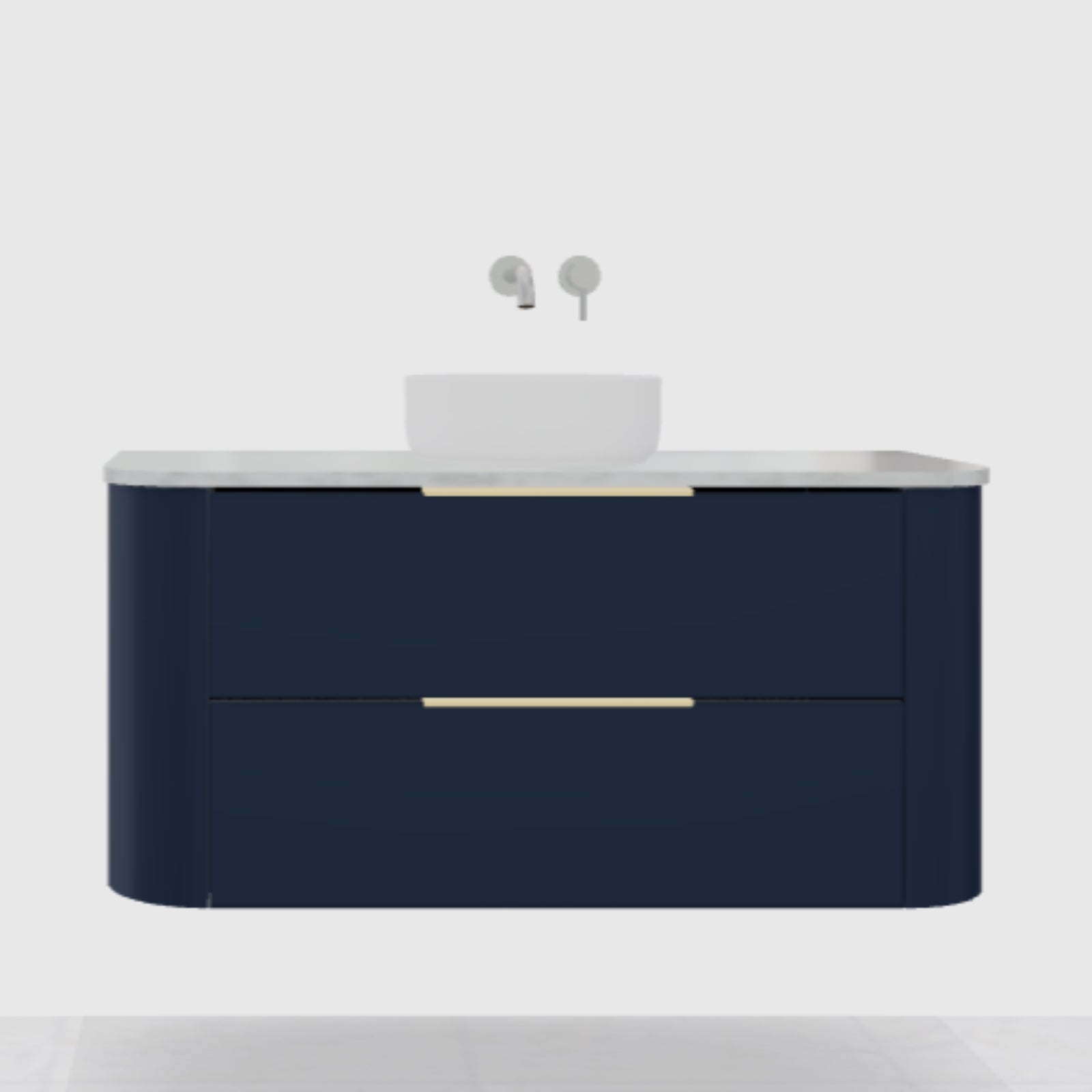 Timberline Socoa wall hung vanity in navy woodgrain with white top and round above-counter basin, front view