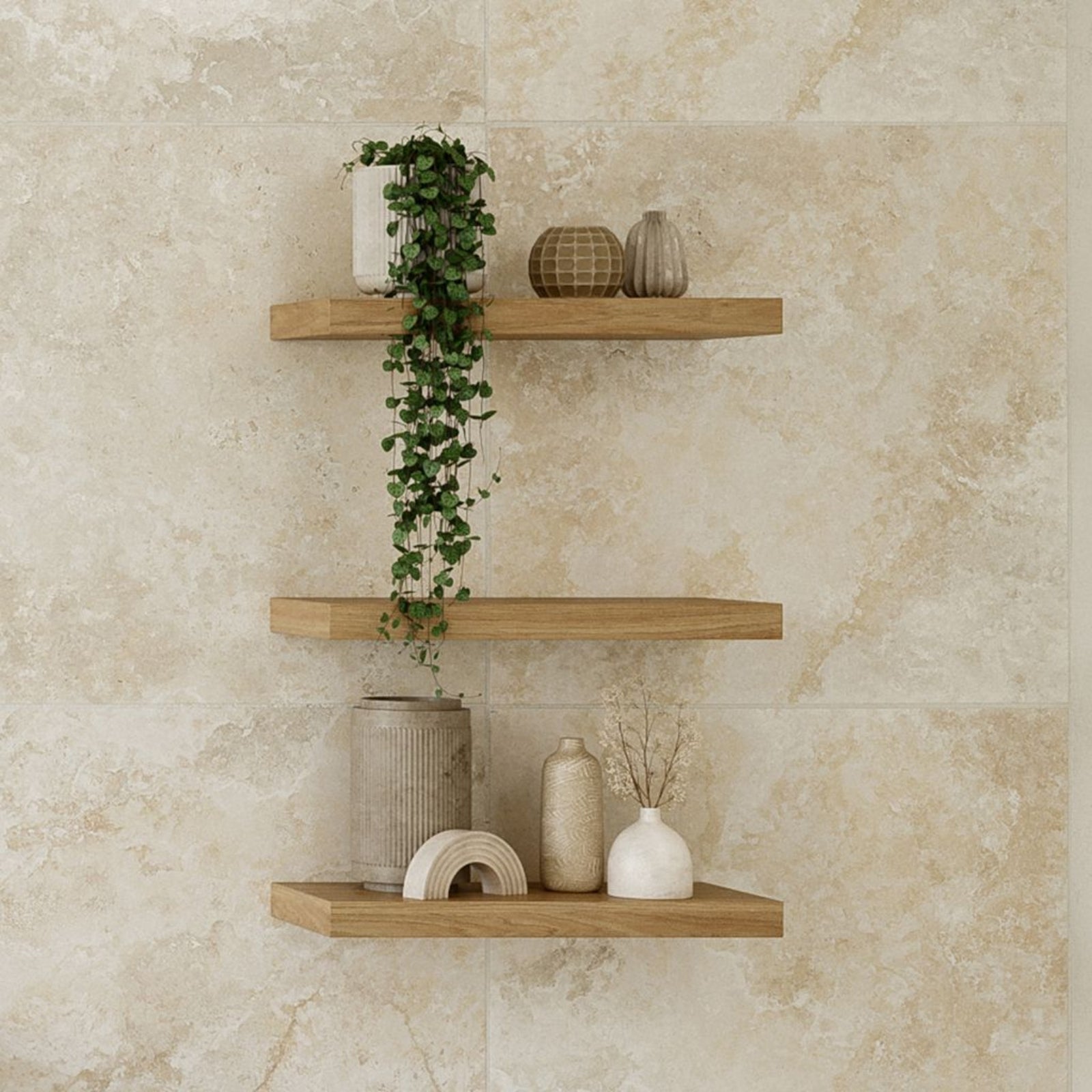 Timberline Splice Shelf 450mm in woodgrain finish, styled with decorative vases on a beige tiled wall