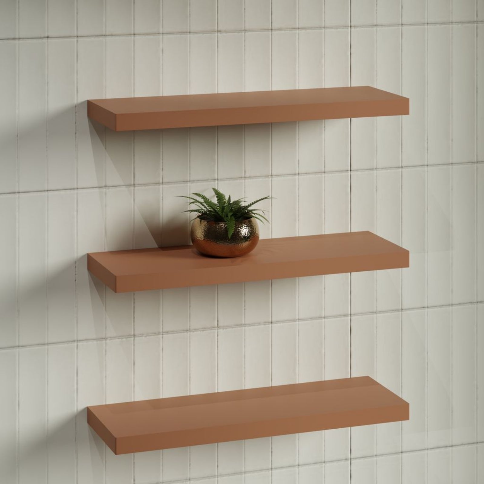 Timberline Splice Shelf 600mm in terracotta finish, wall-mounted bathroom shelf with clean square edges and hidden brackets
