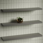 Timberline Splice Shelf wall-mounted bathroom shelf in grey, shown in three stacked views on a tiled wall, one with a plant.