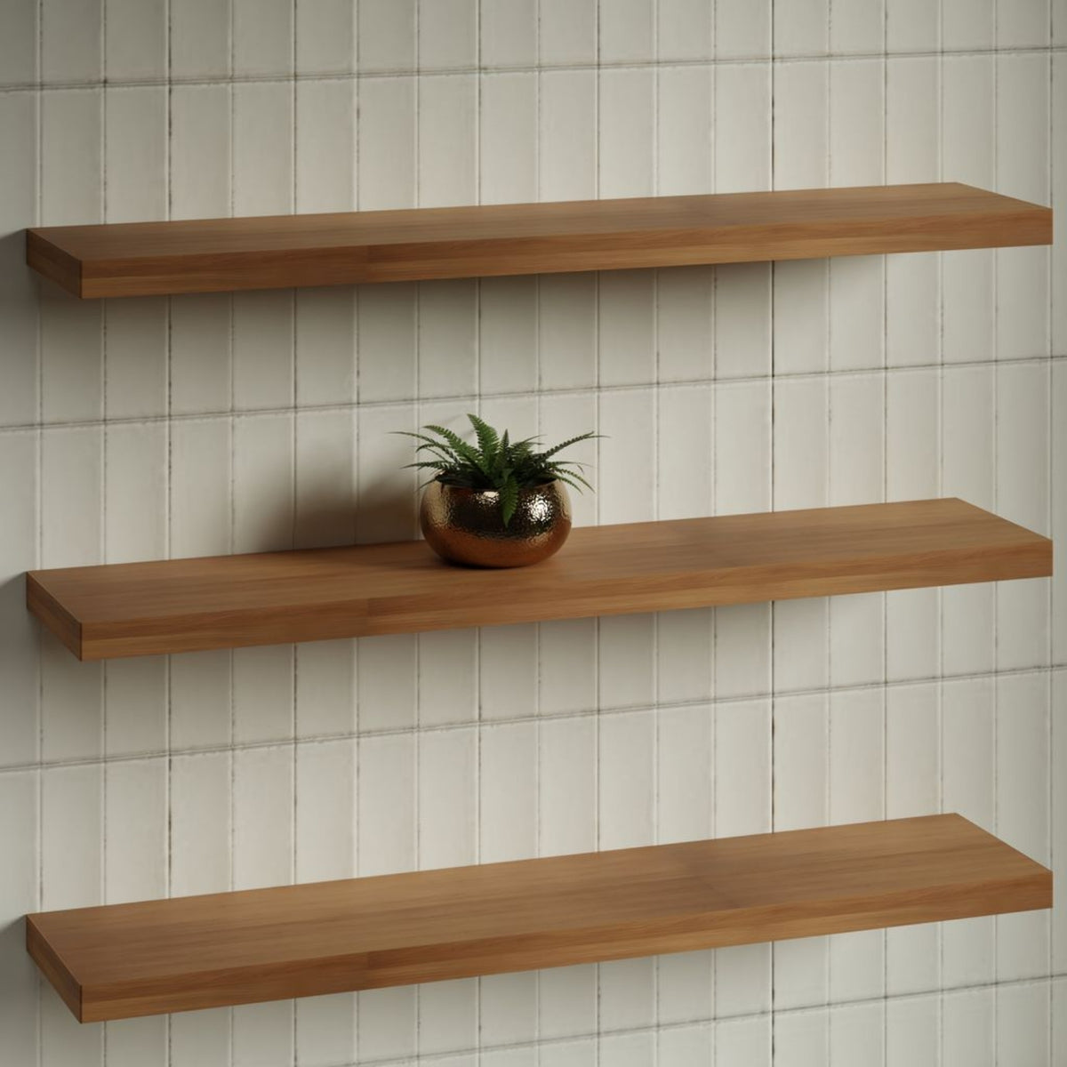 Timberline Splice Shelf in woodgrain finish, wall-mounted bathroom shelf shown in a tiled setting, with concealed fixings visible on the side edges