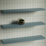 Timberline Splice Shelf 900mm wall shelves in muted blue, square floating bathroom shelves on tiled wall with plant display