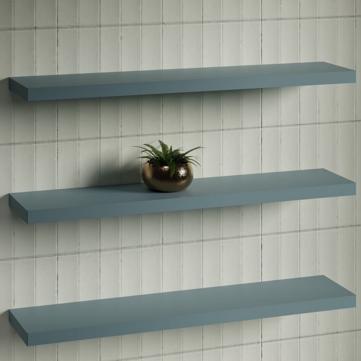 Timberline Splice Shelf 900mm wall shelves in muted blue, square floating bathroom shelves on tiled wall with plant display