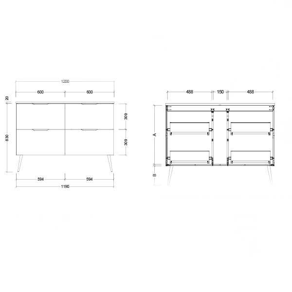 Timberline Sutherland House Farmhouse vanity technical drawing, front and rear views with dimensions, 1200mm freestanding unit