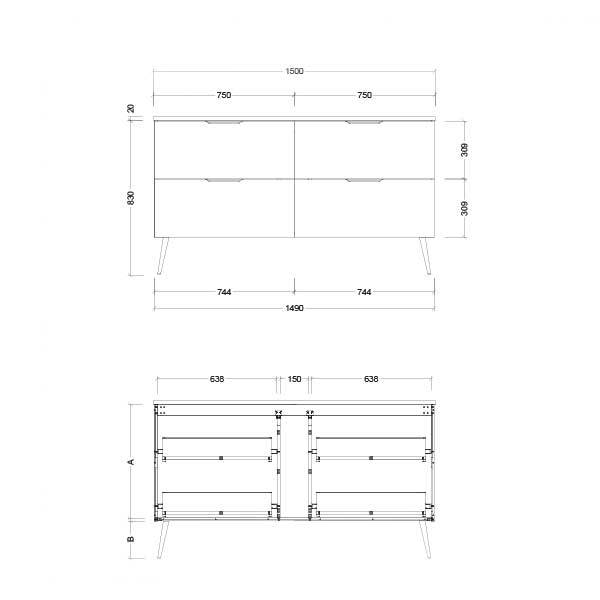 Timberline Sutherland House Farmhouse vanity technical drawing, front and internal views with dimensions, 1500mm freestanding cabinet on legs