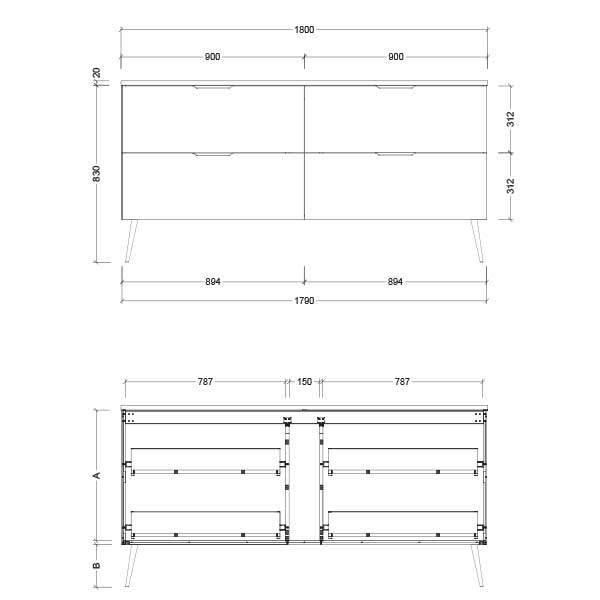Timberline Sutherland House Farmhouse vanity technical drawing, 1800mm freestanding 4-drawer unit with dimensions shown