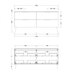 Technical drawing of Timberline Sutherland House Farmhouse vanity, front and internal dimensions, 1800mm wide with legs and drawers