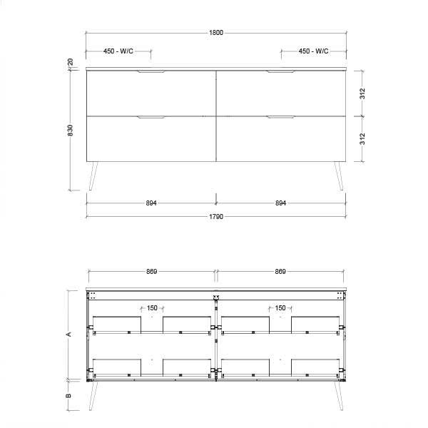 Technical drawing of Timberline Sutherland House Farmhouse vanity, front and internal dimensions, 1800mm wide with legs and drawers