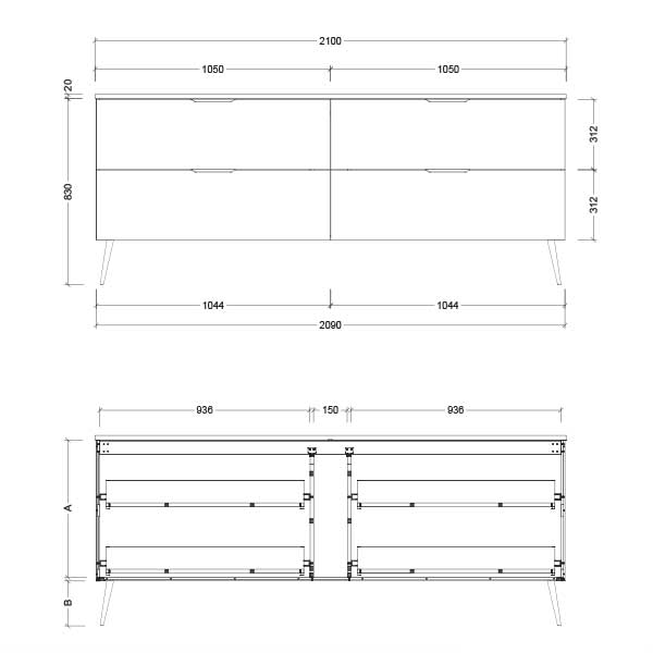 Timberline Sutherland House Farmhouse vanity technical drawing, front and internal views with dimensions, 4-drawer floor-standing unit