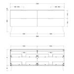 Technical drawing of Timberline Sutherland House Farmhouse vanity, front and internal elevations with dimensions, 2100mm wide, floor-standing cabinet