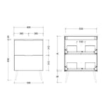 Timberline Sutherland House Farmhouse vanity technical drawing, 600mm freestanding unit with 2-drawer front and slim legs