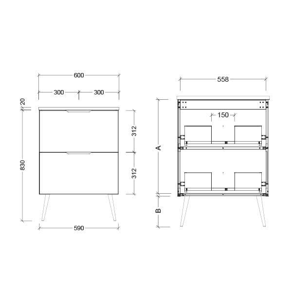 Timberline Sutherland House Farmhouse vanity technical drawing, 600mm freestanding unit with 2-drawer front and slim legs