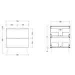 Timberline Sutherland House Farmhouse vanity technical drawing with front and internal dimensions, 750mm width, floor-standing drawer unit