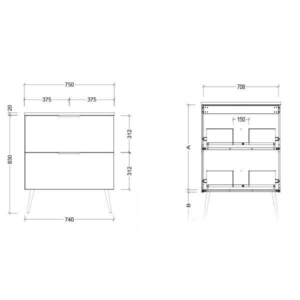 Timberline Sutherland House Farmhouse vanity technical drawing with front and internal dimensions, 750mm width, floor-standing drawer unit