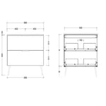 Timberline Sutherland House Farmhouse vanity technical drawing, 900mm freestanding two-drawer unit in front and side views