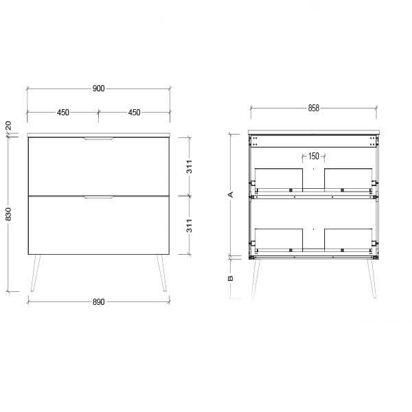 Timberline Sutherland House Farmhouse vanity technical drawing, 900mm freestanding two-drawer unit in front and side views