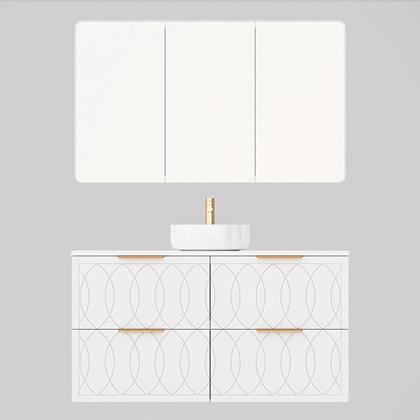 Timberline Sutherland House Deco white wall hung vanity with matching mirror cabinet and above-counter basin