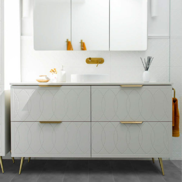Timberline Sutherland House Deco freestanding vanity in white with gold handles and legs, front view