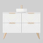 Timberline Sutherland House farmhouse vanity in white, front view with double drawers, oak-look legs, and round above-counter basin
