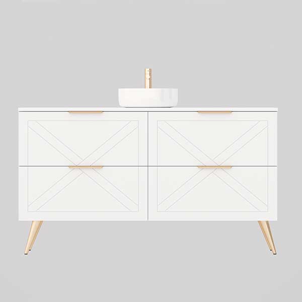 Timberline Sutherland House Farmhouse white vanity with two drawers, slim timber legs and a white above-counter basin, front view