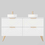 Timberline Sutherland House Farmhouse double vanity in white, front view with two vessel basins and gold legs