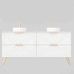 Timberline Sutherland House white farmhouse vanity with double basin, angled gold legs and X-panel drawers