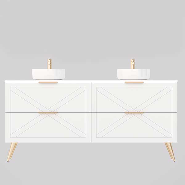 Timberline Sutherland House white farmhouse vanity with double basin, angled gold legs and X-panel drawers