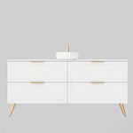 Timberline Sutherland House farmhouse vanity in white, front view, with four drawers and angled timber legs.