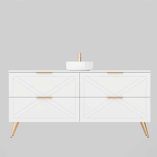 Timberline Sutherland House farmhouse vanity in white, front view, with four drawers and angled timber legs.