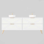 Timberline Sutherland House farmhouse vanity in white, floorstanding with gold legs, X-panel drawers and twin basins, front view