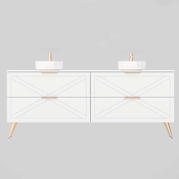Timberline Sutherland House farmhouse vanity in white, floorstanding with gold legs, X-panel drawers and twin basins, front view