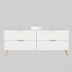 Timberline Sutherland House white farmhouse vanity with two drawers, angled timber legs and above-counter basin