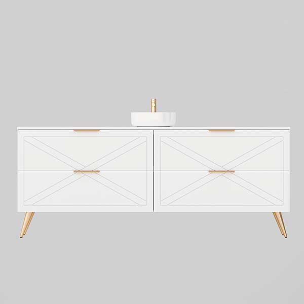 Timberline Sutherland House white farmhouse vanity with two drawers, angled timber legs and above-counter basin