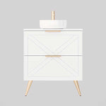 Timberline Sutherland House Farmhouse vanity, white freestanding cabinet with routed drawers, round basin and angled legs