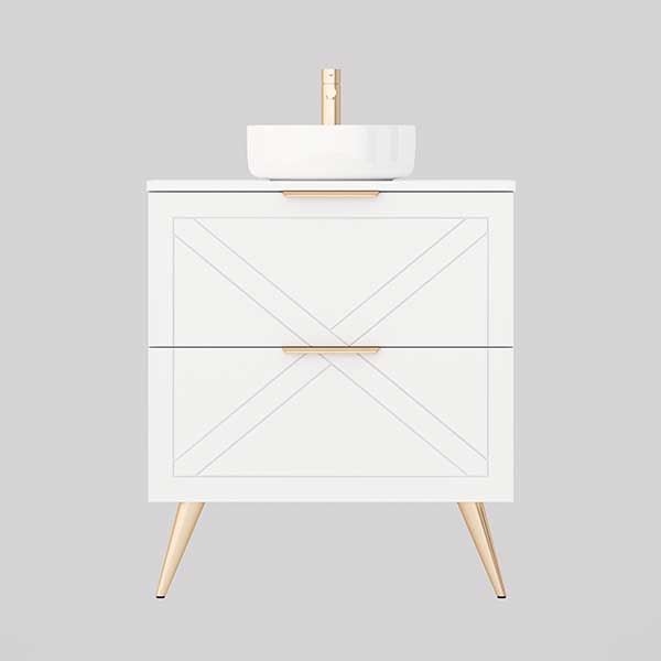 Timberline Sutherland House Farmhouse vanity, white freestanding cabinet with routed drawers, round basin and angled legs