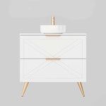 Timberline Sutherland House farmhouse vanity in white, front view, with round above-counter basin and gold legs