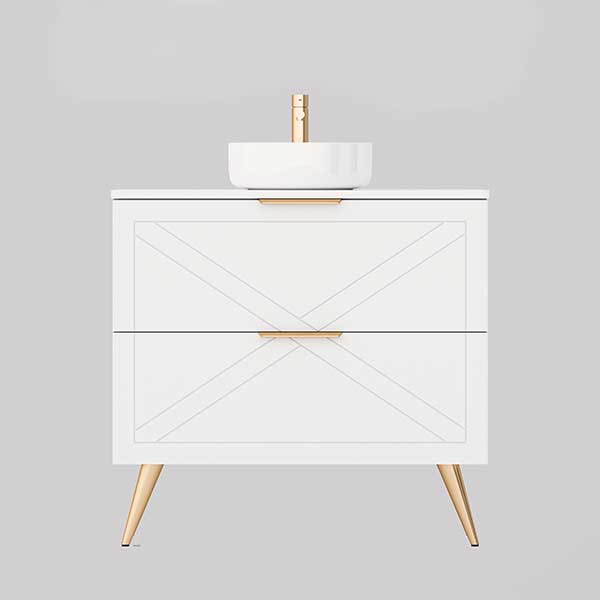 Timberline Sutherland House farmhouse vanity in white, front view, with round above-counter basin and gold legs