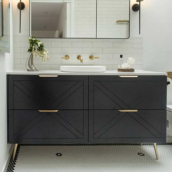 Timberline Sutherland House Farmhouse vanity in black with white top, centre basin and gold tapware, front view