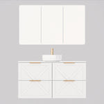 Timberline Sutherland House wall hung vanity in white, with central basin and mirrored cabinet above, front view