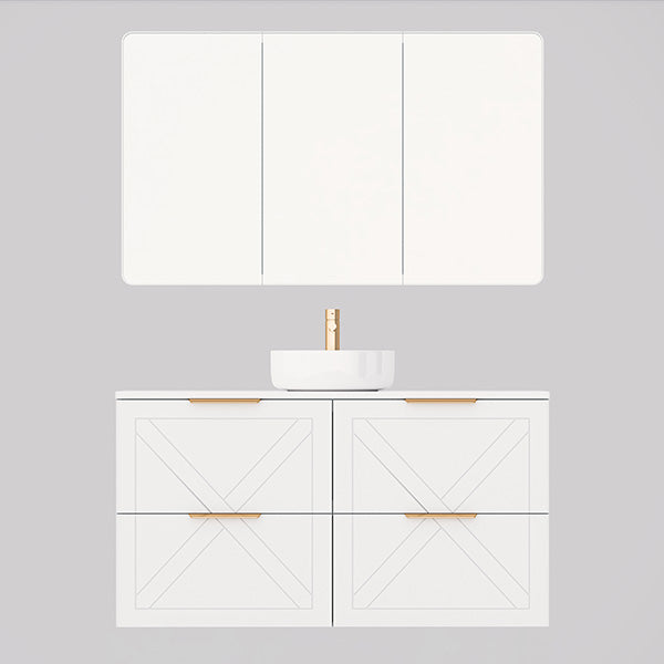 Timberline Sutherland House wall hung vanity in white, with central basin and mirrored cabinet above, front view