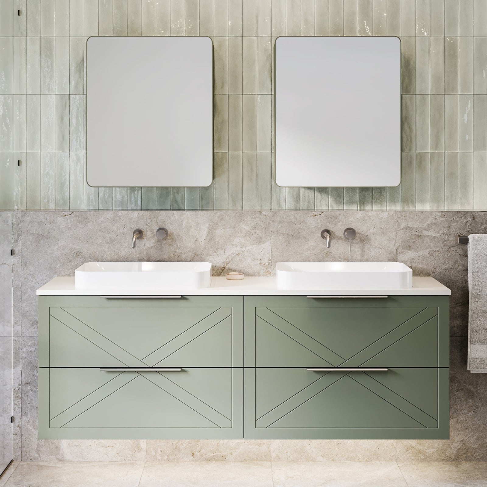 Timberline Sutherland House wall hung vanity in olive green with white double basins and farmhouse-style drawer fronts.
