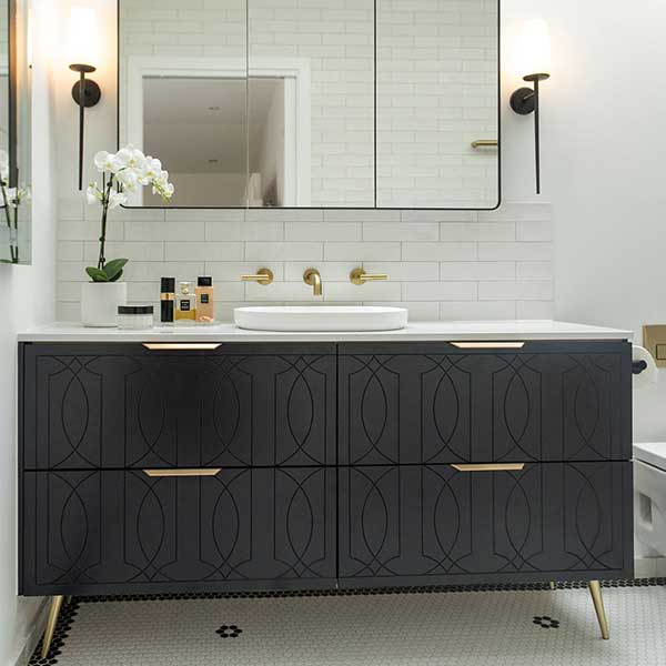 Timberline Sutherland House Regency freestanding vanity in dark grey, with white top and centre basin