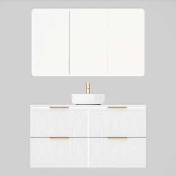 Timberline Sutherland House Regency wall hung vanity in white oak with white basin and mirrored cabinet