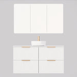 Timberline Sutherland House Regency wall hung vanity in white oak with white basin and mirrored cabinet