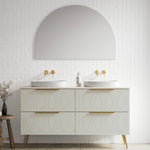 Timberline Sutherland House Regency double vanity in soft grey with gold legs, handles and two white basins in a bathroom setting