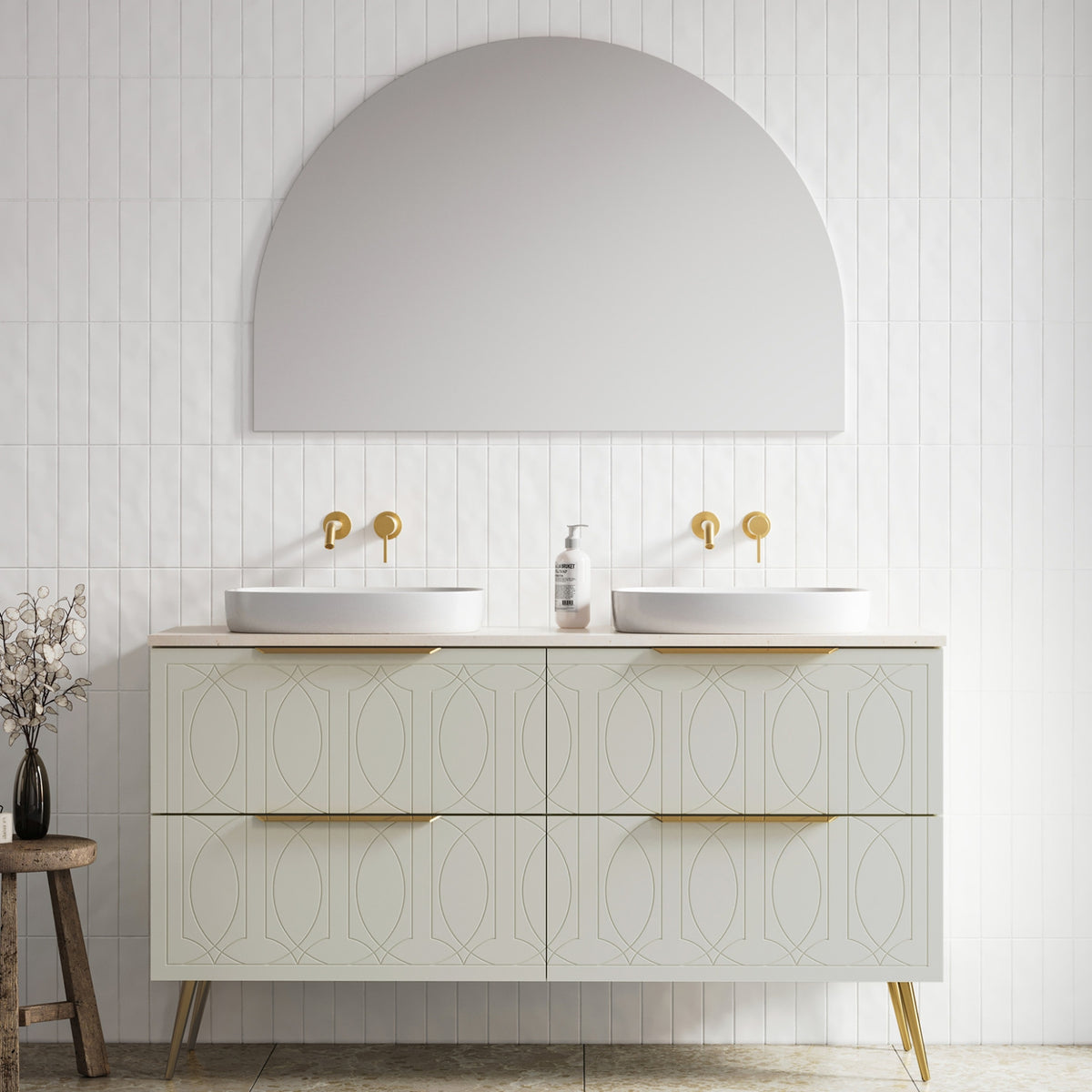 Timberline Sutherland House Regency double vanity in soft grey with gold legs, handles and two white basins in a bathroom setting