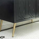 Timberline Sutherland House Regency black vanity close-up with gold angled legs and decorative drawer front detail