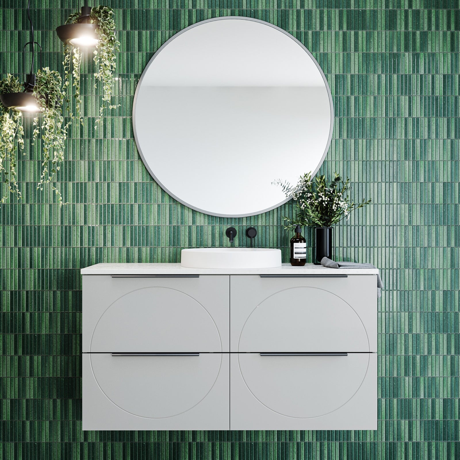 Timberline Sutherland House Retro wall hung vanity in white, with 20mm solid surface top and round basin, styled in bathroom setting