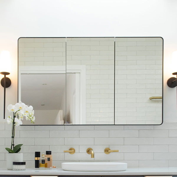 Timberline Sutherland House rectangular shaving cabinet with rounded corners, shown in a bathroom wall mirror view